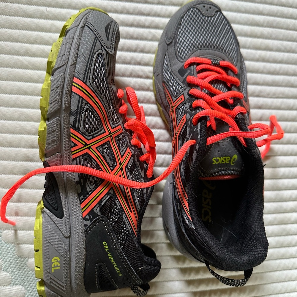 ASICS womens Gel-Venture Gray and Neon Orange Sneakers